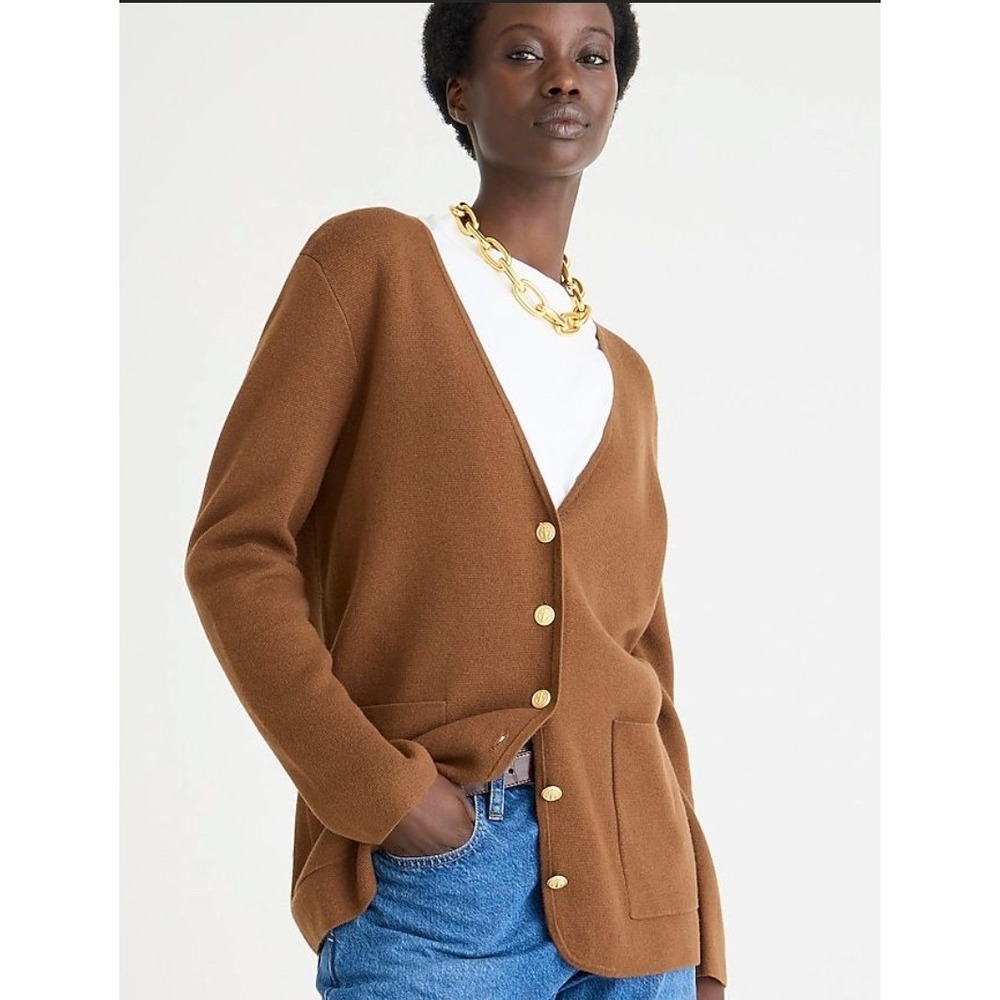 J.Crew Giselle Sweater-Blazer Brown Camel Gold Buttons Quiet Luxury Preppy Small